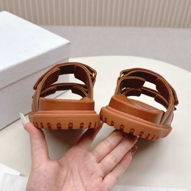DIOR CLASSIC DOUBLE-STRAP SLIDES 25S IN BROWN CALFSKIN
