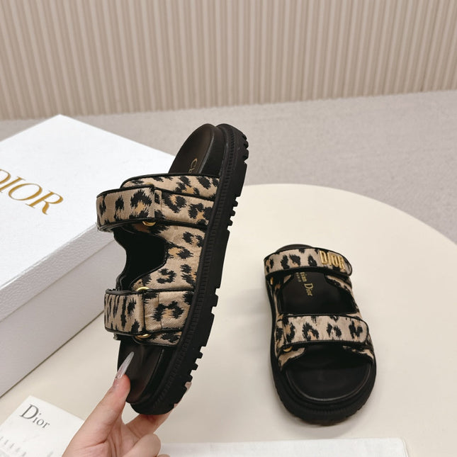 DIOR CLASSIC DOUBLE-STRAP SLIDES 25S IN BROWN MIX BLACK FABRIC AND CALFSKIN WITH LEOPARD PRINT