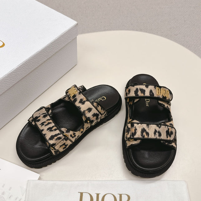 DIOR CLASSIC DOUBLE-STRAP SLIDES 25S IN BROWN MIX BLACK FABRIC AND CALFSKIN WITH LEOPARD PRINT