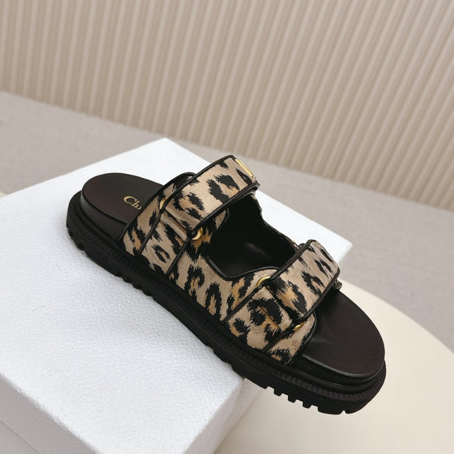 DIOR CLASSIC DOUBLE-STRAP SLIDES 25S IN BROWN MIX BLACK FABRIC AND CALFSKIN WITH LEOPARD PRINT