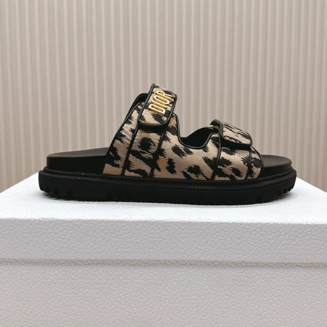 DIOR CLASSIC DOUBLE-STRAP SLIDES 25S IN BROWN MIX BLACK FABRIC AND CALFSKIN WITH LEOPARD PRINT