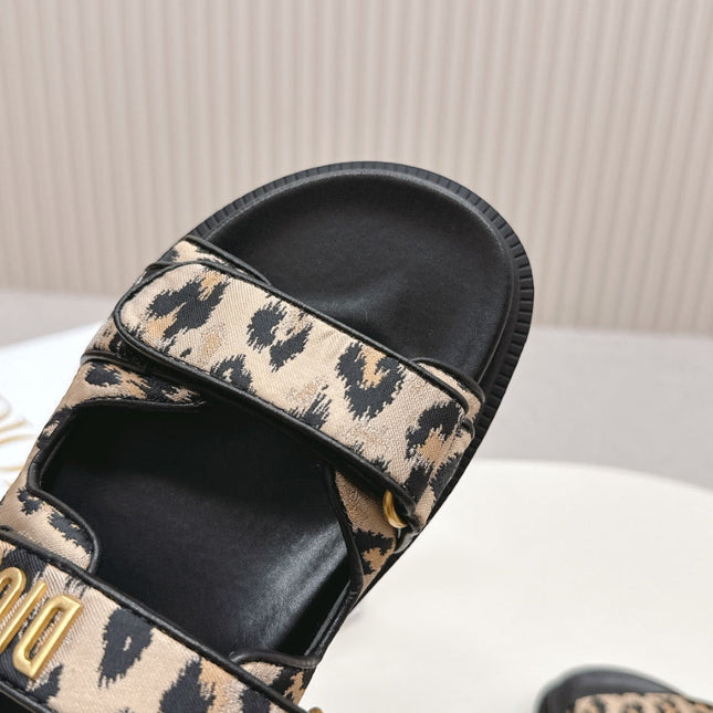 DIOR CLASSIC DOUBLE-STRAP SLIDES 25S IN BROWN MIX BLACK FABRIC AND CALFSKIN WITH LEOPARD PRINT