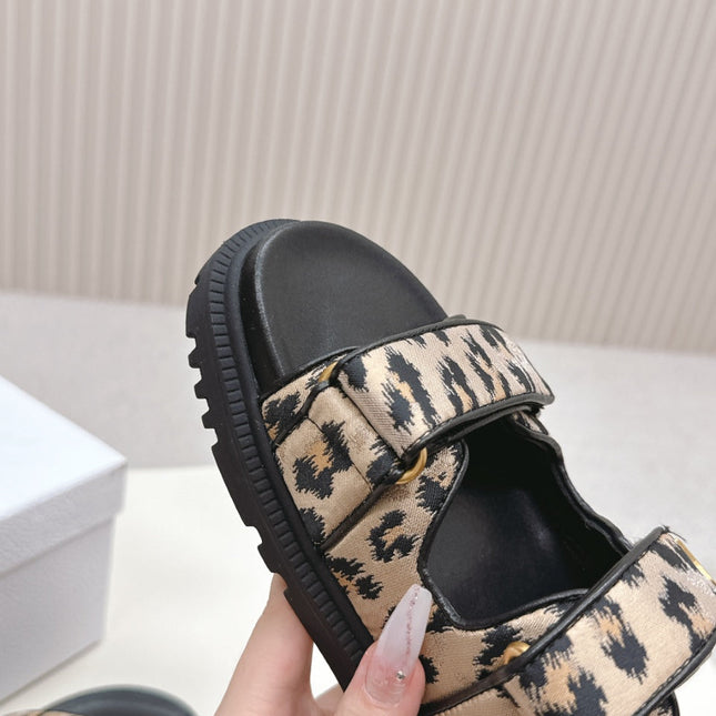 DIOR CLASSIC DOUBLE-STRAP SLIDES 25S IN BROWN MIX BLACK FABRIC AND CALFSKIN WITH LEOPARD PRINT