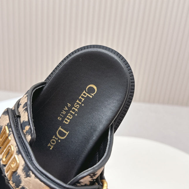 DIOR CLASSIC DOUBLE-STRAP SLIDES 25S IN BROWN MIX BLACK FABRIC AND CALFSKIN WITH LEOPARD PRINT