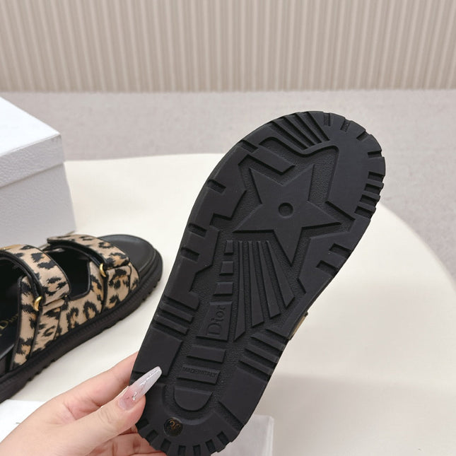 DIOR CLASSIC DOUBLE-STRAP SLIDES 25S IN BROWN MIX BLACK FABRIC AND CALFSKIN WITH LEOPARD PRINT