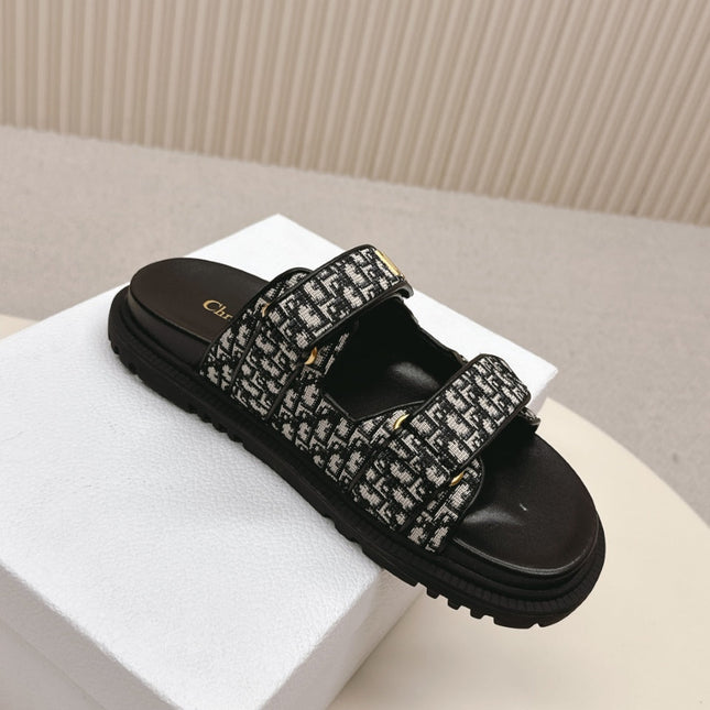 DIOR CLASSIC DOUBLE-STRAP SLIDES 25S IN BLACK FABRIC AND CALFSKIN
