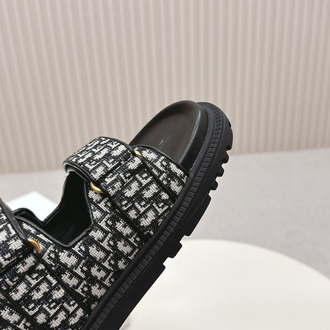 DIOR CLASSIC DOUBLE-STRAP SLIDES 25S IN BLACK FABRIC AND CALFSKIN