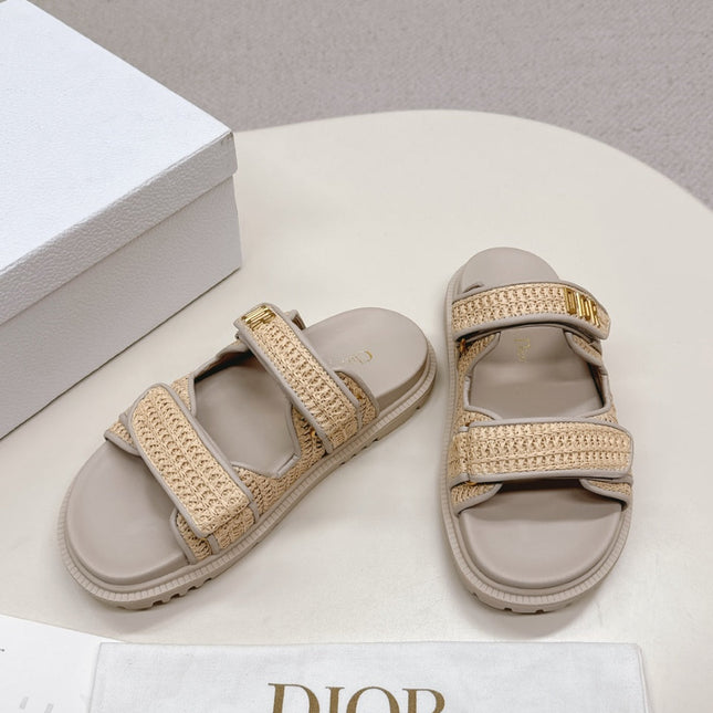 DIOR CLASSIC DOUBLE-STRAP SLIDES 25S IN BEIGE RAFFIA AND TAUPE BEIGE CALFSKIN