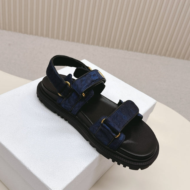 DIOR BACK-STRAP SANDALS 25S IN MIDNIGHT BLUE FABRIC AND BLACK CALFSKIN WITH GOLD HARDWARE
