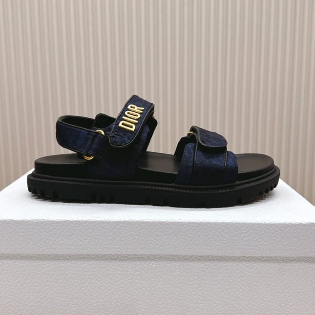 DIOR BACK-STRAP SANDALS 25S IN MIDNIGHT BLUE FABRIC AND BLACK CALFSKIN WITH GOLD HARDWARE