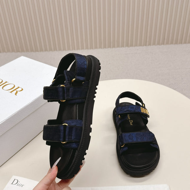DIOR BACK-STRAP SANDALS 25S IN MIDNIGHT BLUE FABRIC AND BLACK CALFSKIN WITH GOLD HARDWARE