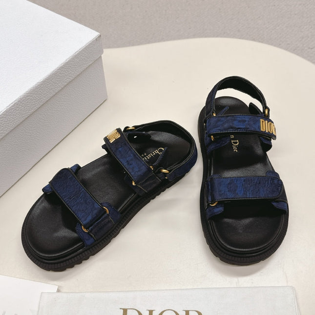 DIOR BACK-STRAP SANDALS 25S IN MIDNIGHT BLUE FABRIC AND BLACK CALFSKIN WITH GOLD HARDWARE
