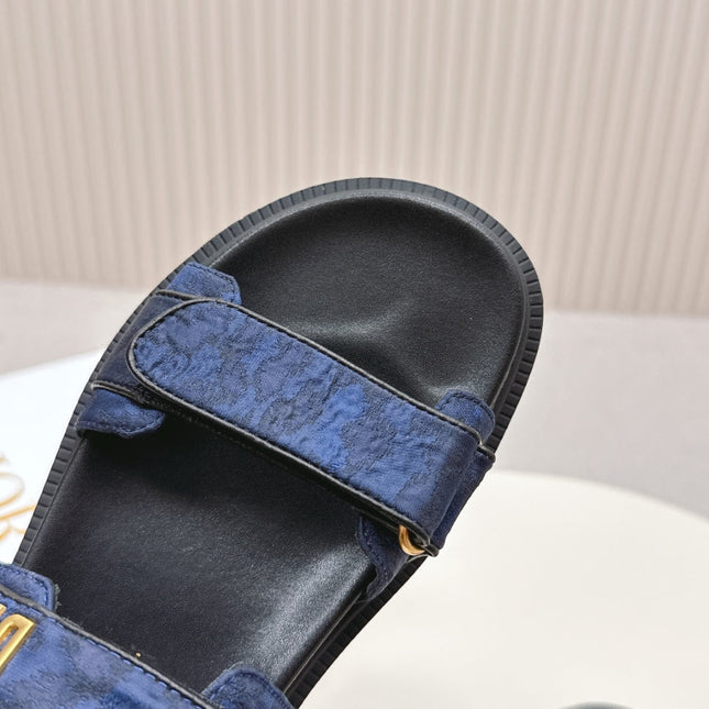 DIOR BACK-STRAP SANDALS 25S IN MIDNIGHT BLUE FABRIC AND BLACK CALFSKIN WITH GOLD HARDWARE