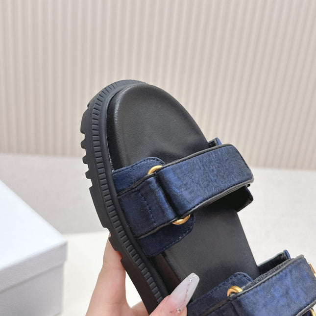 DIOR BACK-STRAP SANDALS 25S IN MIDNIGHT BLUE FABRIC AND BLACK CALFSKIN WITH GOLD HARDWARE
