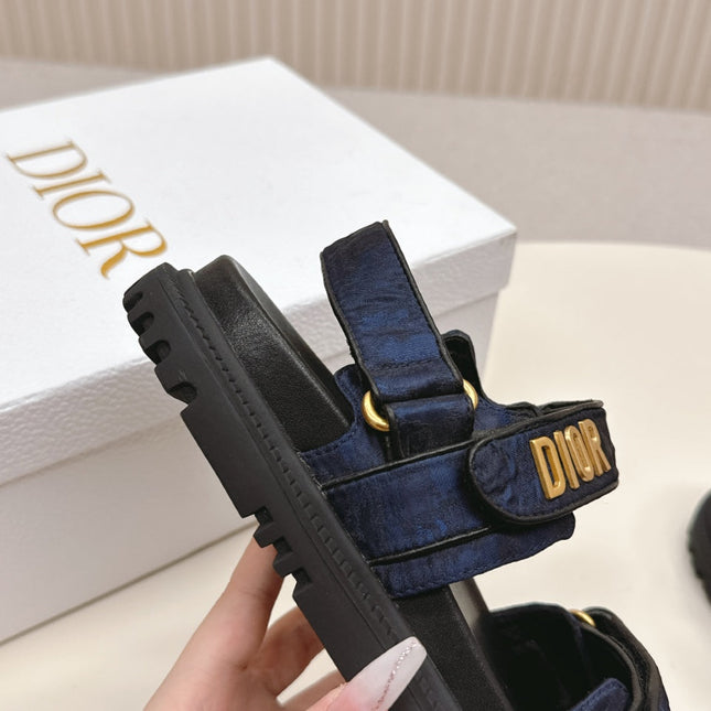 DIOR BACK-STRAP SANDALS 25S IN MIDNIGHT BLUE FABRIC AND BLACK CALFSKIN WITH GOLD HARDWARE