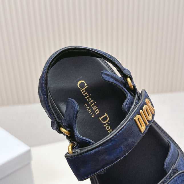 DIOR BACK-STRAP SANDALS 25S IN MIDNIGHT BLUE FABRIC AND BLACK CALFSKIN WITH GOLD HARDWARE