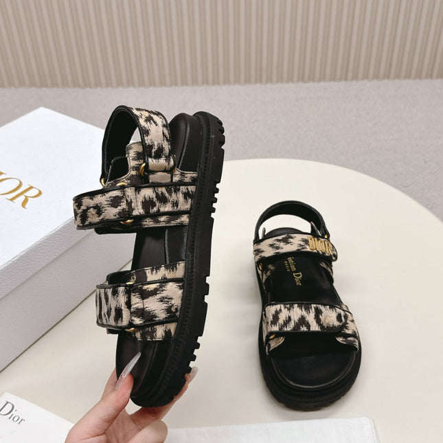 DIOR BACK-STRAP SANDALS 25S IN BLACK MIX LEOPARD PRINT FABRIC AND CALFSKIN WITH GOLD HARDWARE
