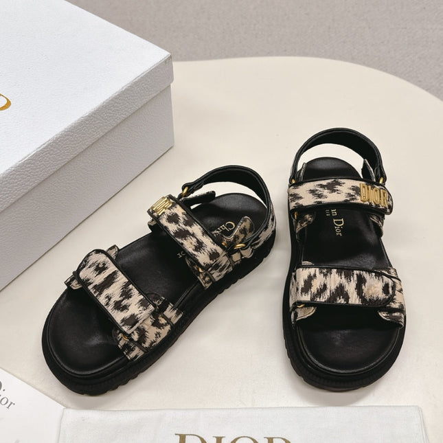 DIOR BACK-STRAP SANDALS 25S IN BLACK MIX LEOPARD PRINT FABRIC AND CALFSKIN WITH GOLD HARDWARE