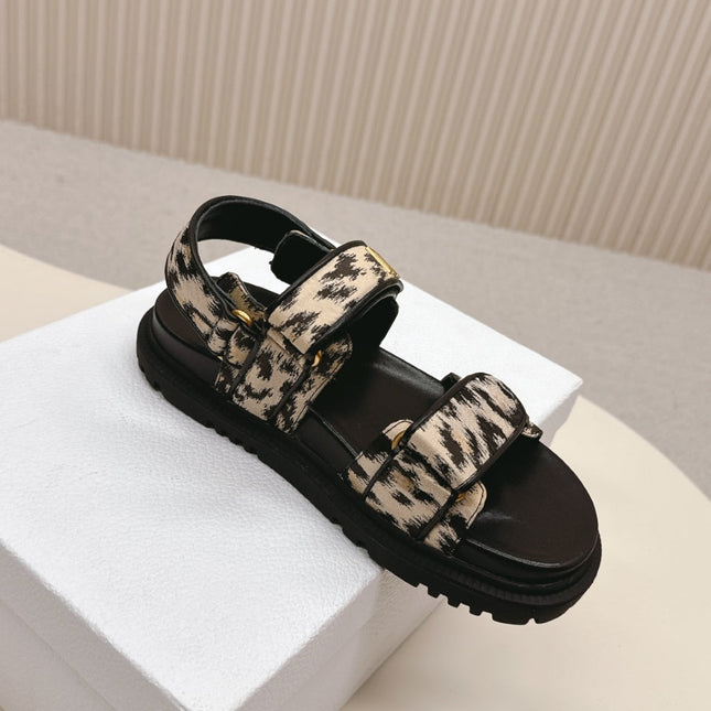 DIOR BACK-STRAP SANDALS 25S IN BLACK MIX LEOPARD PRINT FABRIC AND CALFSKIN WITH GOLD HARDWARE