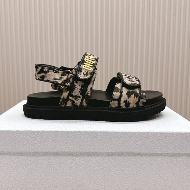 DIOR BACK-STRAP SANDALS 25S IN BLACK MIX LEOPARD PRINT FABRIC AND CALFSKIN WITH GOLD HARDWARE