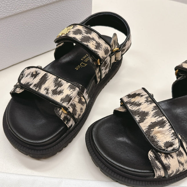 DIOR BACK-STRAP SANDALS 25S IN BLACK MIX LEOPARD PRINT FABRIC AND CALFSKIN WITH GOLD HARDWARE