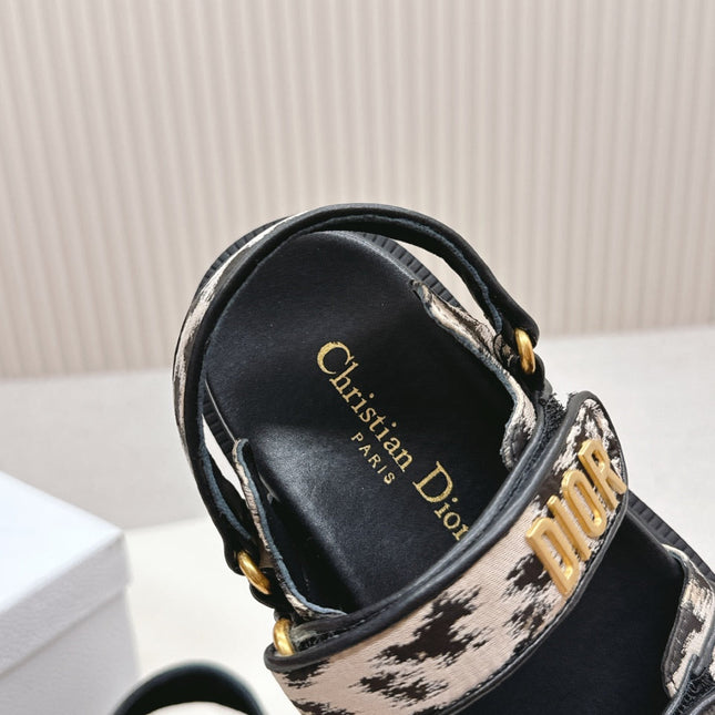 DIOR BACK-STRAP SANDALS 25S IN BLACK MIX LEOPARD PRINT FABRIC AND CALFSKIN WITH GOLD HARDWARE
