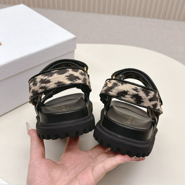 DIOR BACK-STRAP SANDALS 25S IN BLACK MIX LEOPARD PRINT FABRIC AND CALFSKIN WITH GOLD HARDWARE