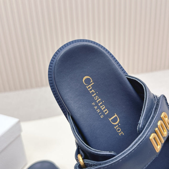 DIOR CLASSIC DOUBLE-STRAP SLIDES 25S IN MIDNIGHT BLUE CALFSKIN