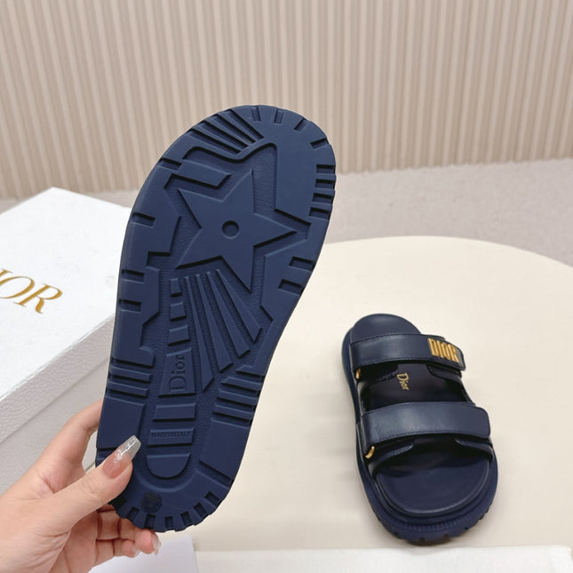 DIOR CLASSIC DOUBLE-STRAP SLIDES 25S IN MIDNIGHT BLUE CALFSKIN