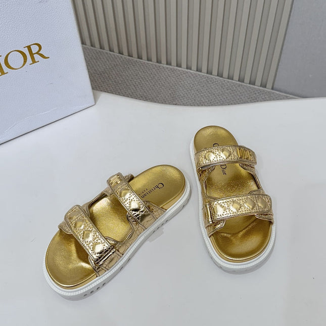 DIOR CLASSIC DOUBLE-STRAP SLIDES 25S IN GOLD CALFSKIN