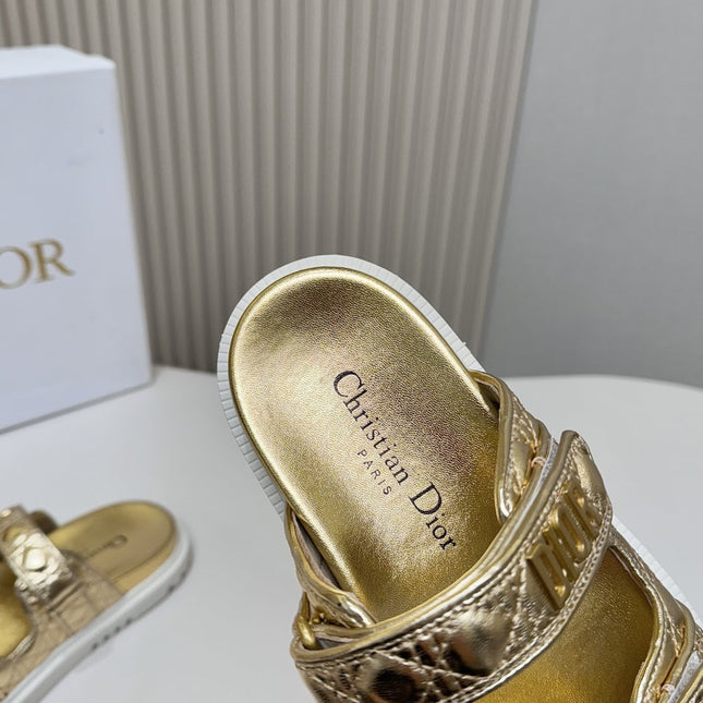 DIOR CLASSIC DOUBLE-STRAP SLIDES 25S IN GOLD CALFSKIN