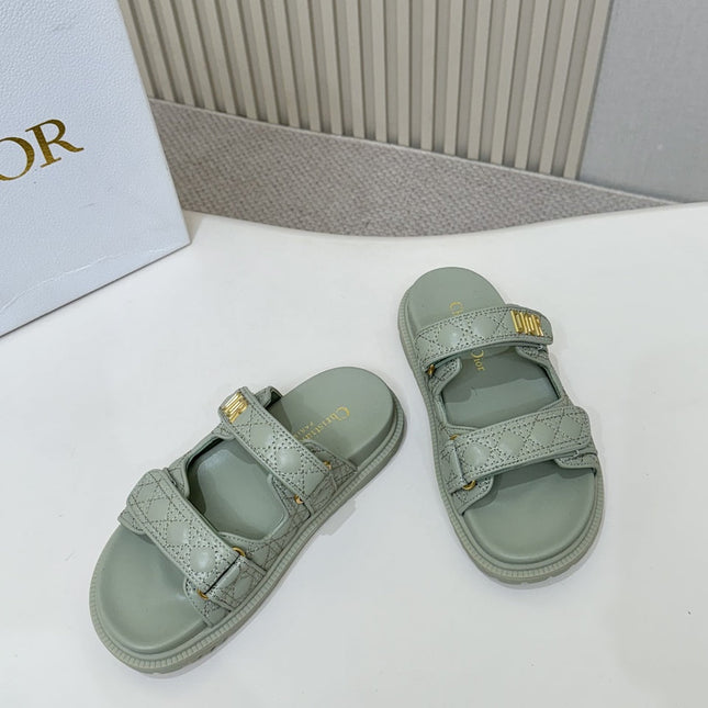 DIOR CLASSIC DOUBLE-STRAP SLIDES 25S IN PALE TEAL GRAY CALFSKIN