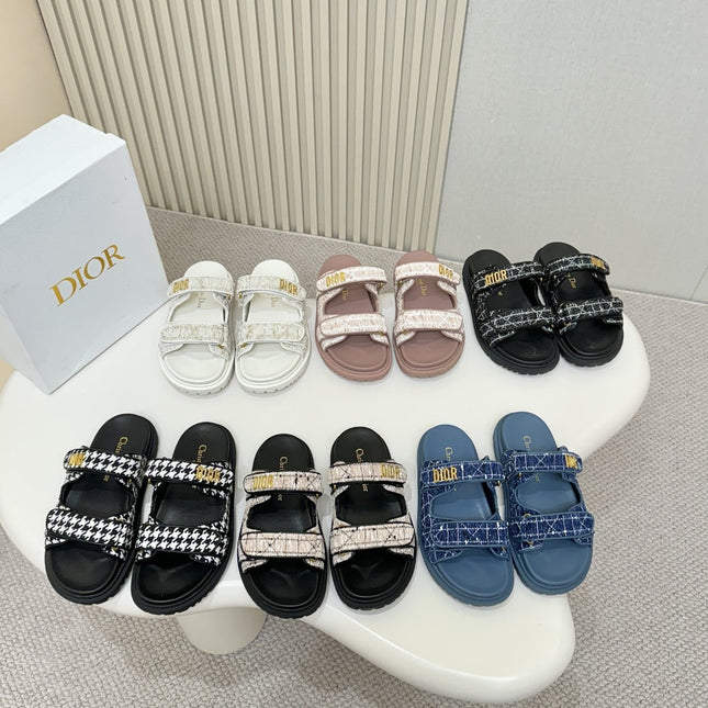 DIOR CLASSIC DOUBLE-STRAP SLIDES 25S IN NAVY BLUE TWEED AND CALFSKIN