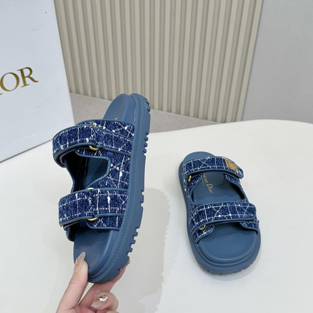 DIOR CLASSIC DOUBLE-STRAP SLIDES 25S IN NAVY BLUE TWEED AND CALFSKIN
