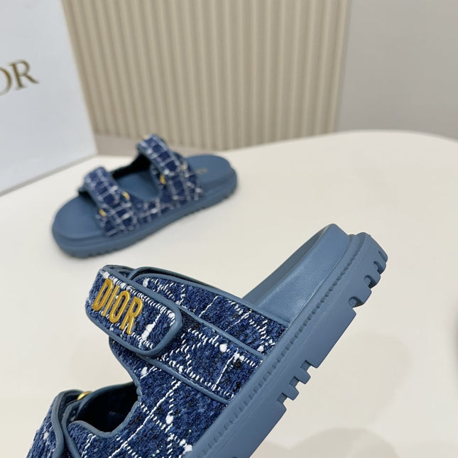 DIOR CLASSIC DOUBLE-STRAP SLIDES 25S IN NAVY BLUE TWEED AND CALFSKIN