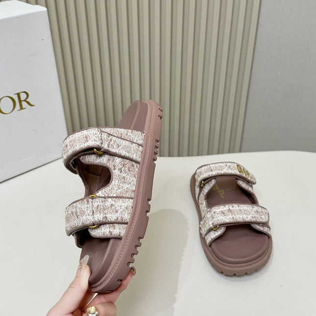 DIOR CLASSIC DOUBLE-STRAP SLIDES 25S IN ROSE BROWN TWEED AND CALFSKIN