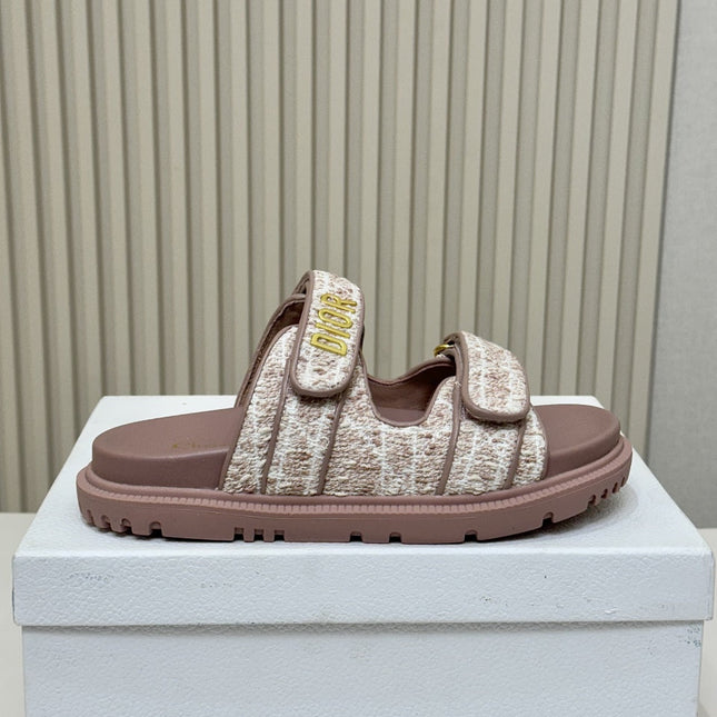 DIOR CLASSIC DOUBLE-STRAP SLIDES 25S IN ROSE BROWN TWEED AND CALFSKIN