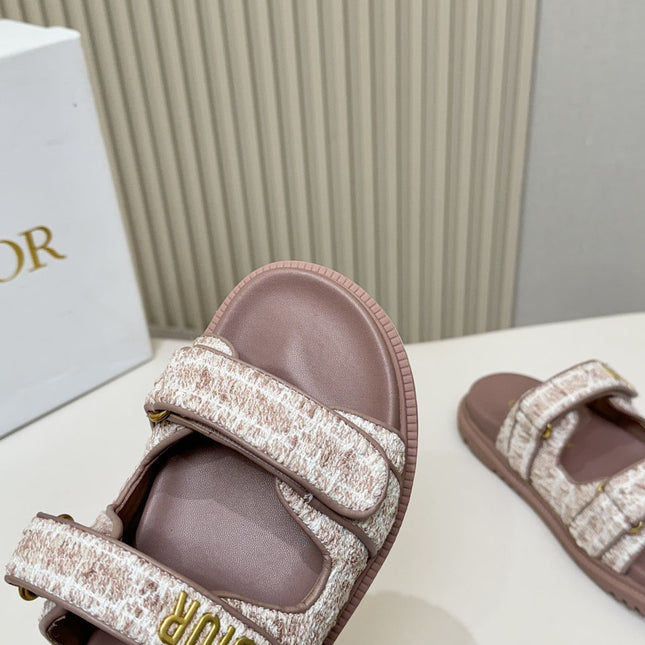 DIOR CLASSIC DOUBLE-STRAP SLIDES 25S IN ROSE BROWN TWEED AND CALFSKIN