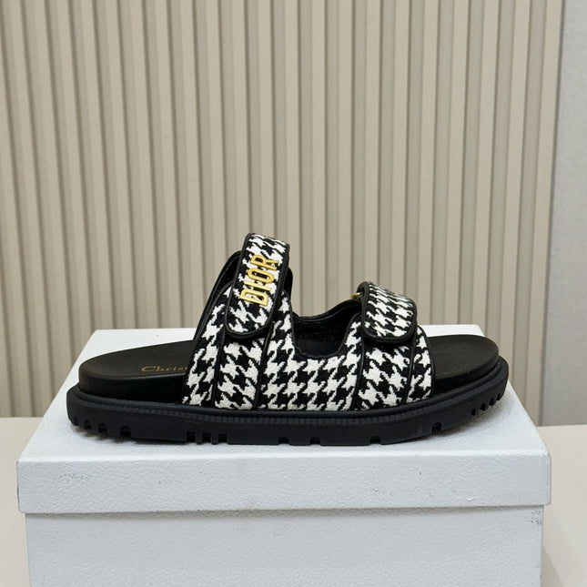 DIOR CLASSIC DOUBLE-STRAP SLIDES 25S IN WHITE MIX BLACK TWEED AND CALFSKIN