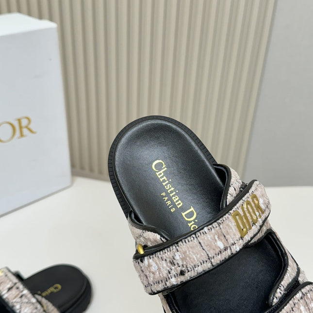 DIOR CLASSIC DOUBLE-STRAP SLIDES 25S IN SOFT ROSE BEIGE TWEED AND BLACK CALFSKIN