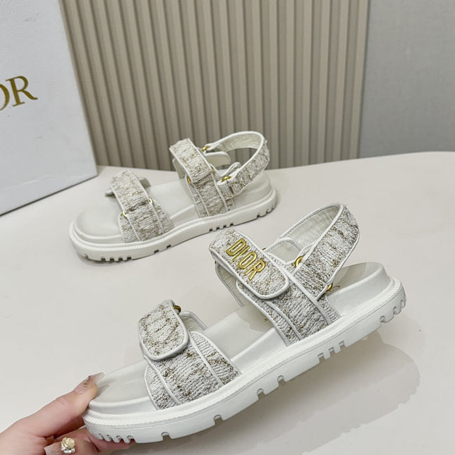 DIOR BACK-STRAP SANDALS 25S IN WHITE TWEED AND CALFSKIN
