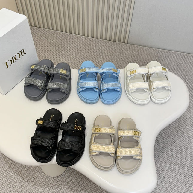 DIOR CLASSIC DOUBLE-STRAP SLIDES 25S IN BEIGE RAFFIA AND GREY CALFSKIN
