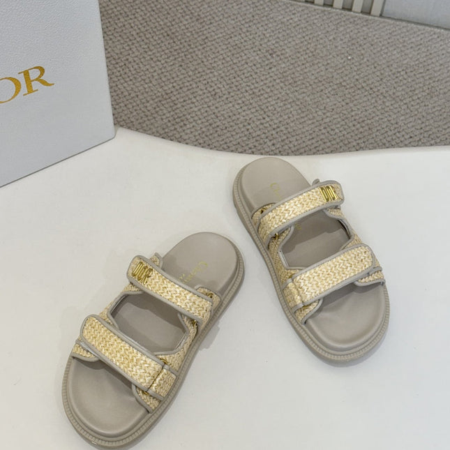 DIOR CLASSIC DOUBLE-STRAP SLIDES 25S IN BEIGE RAFFIA AND GREY CALFSKIN