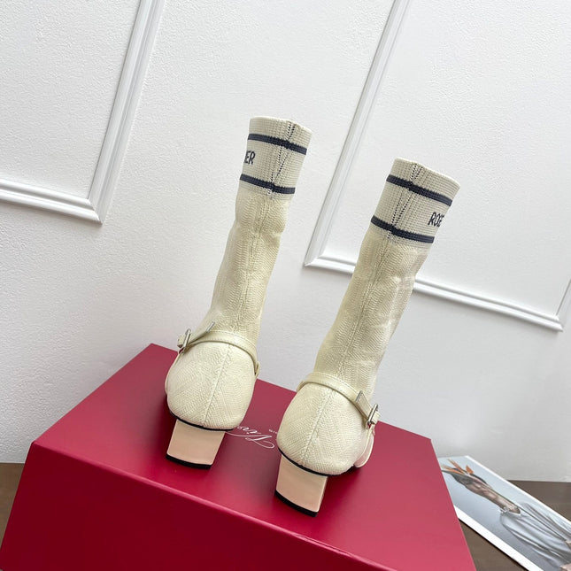 BELLE VIVIER SOCK LACQUERED BUCKLE ANKLE BOOTS IN OFF WHITE CALFSKIN AND TECHNICAL FABRIC