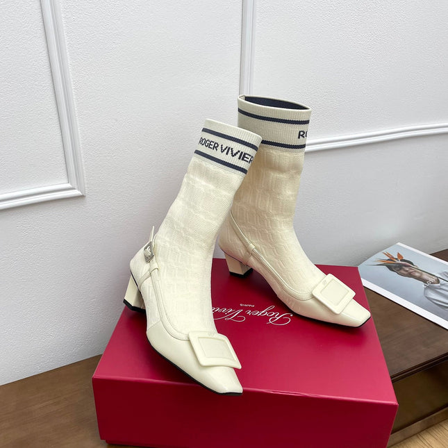 BELLE VIVIER SOCK LACQUERED BUCKLE ANKLE BOOTS IN OFF WHITE CALFSKIN AND TECHNICAL FABRIC