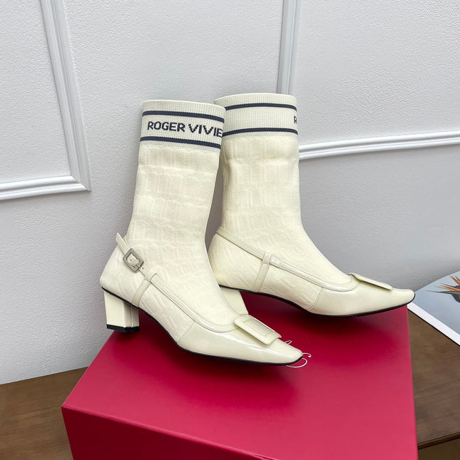 BELLE VIVIER SOCK LACQUERED BUCKLE ANKLE BOOTS IN OFF WHITE CALFSKIN AND TECHNICAL FABRIC