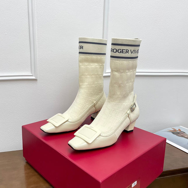 BELLE VIVIER SOCK LACQUERED BUCKLE ANKLE BOOTS IN OFF WHITE CALFSKIN AND TECHNICAL FABRIC