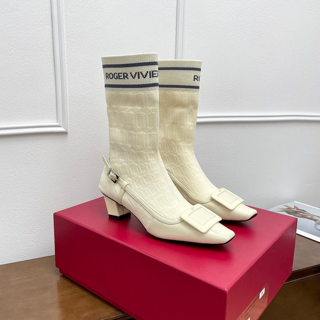 BELLE VIVIER SOCK LACQUERED BUCKLE ANKLE BOOTS IN OFF WHITE CALFSKIN AND TECHNICAL FABRIC