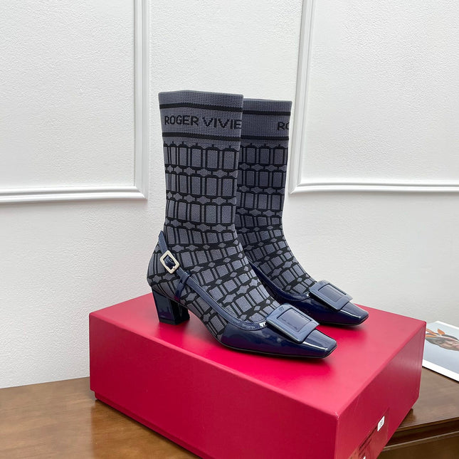 BELLE VIVIER SOCK LACQUERED BUCKLE ANKLE BOOTS IN NAVY BLUE CALFSKIN AND TECHNICAL FABRIC