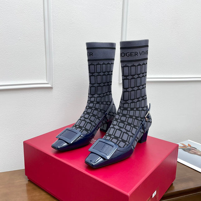 BELLE VIVIER SOCK LACQUERED BUCKLE ANKLE BOOTS IN NAVY BLUE CALFSKIN AND TECHNICAL FABRIC